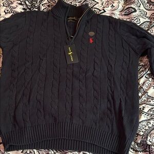 Ralph Lauren Men’s Black Cable-Knit Quarter-Zip Sweater with Red Pony
